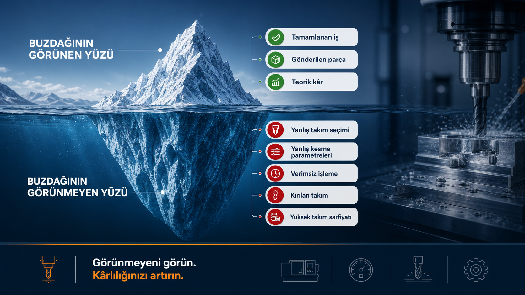 Buzdağı metaforu ile görünmeyen CNC maliyet kayıpları